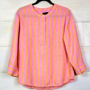 J. Crew Linen Tunic Relaxed Fit 3/4 Sleeve Pink Orange Stripe Popover Buttons. S